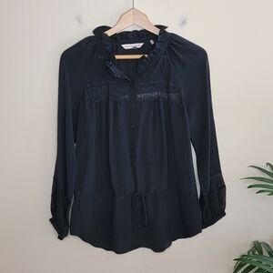 Rebecca Taylor | Silk Black Long Sleeve Blouse Lace Insets Ruffle Collar Size 2